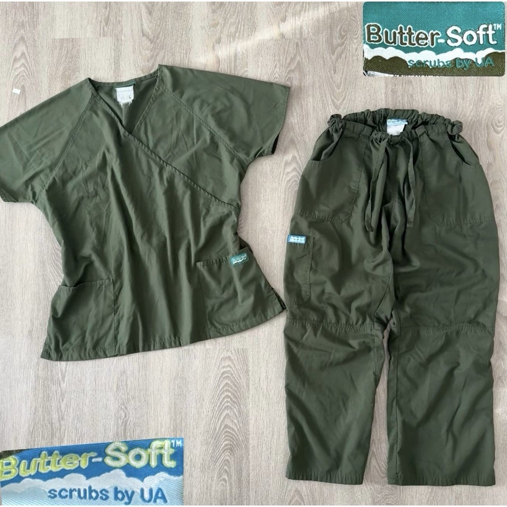 Y2K Butter-Soft Scrubs Set by UA Stretch Green Solid V-Neck Top & Pants Womens L